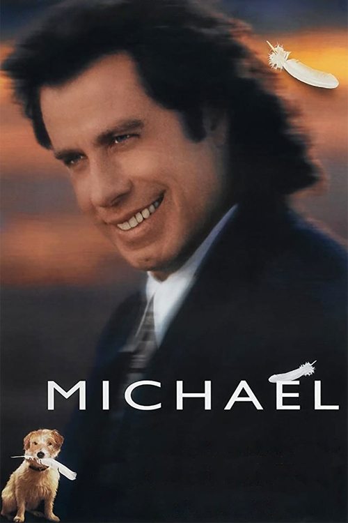 The poster features a smiling man with dark hair and a white feather in his hair, exuding a warm and approachable mood. The name "MICHAEL" is prominently displayed in bold white letters, accompanied by a cute dog holding a white feather. The soft, golden background enhances the nostalgic and invi...