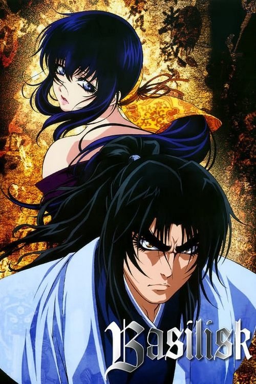 The poster features a dramatic anime-style scene with a dark-haired male character in the foreground, wearing a light blue robe, and a mysterious woman with flowing dark hair in the background. The fiery orange and yellow background suggests danger or supernatural elements. The title "Basilisk" i...