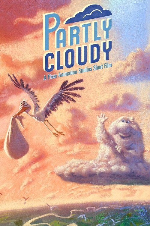 The poster features a whimsical scene with a fluffy cloud character and a bird flying through a vibrant sky filled with warm oranges and blues. The playful, dreamy atmosphere evokes a sense of wonder and fun, capturing the essence of a children's adventure movie.