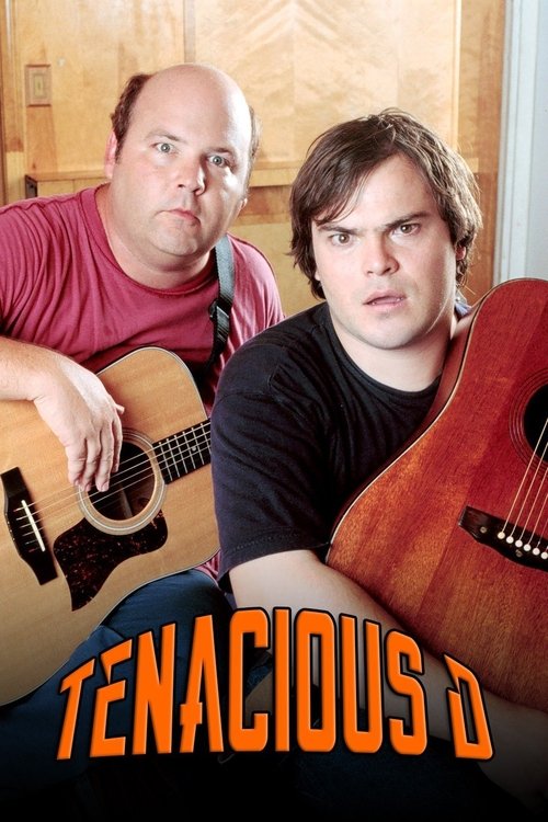 Two men in casual attire sit side by side, each holding an acoustic guitar. The man on the left wears a red shirt, while the man on the right sports a black t-shirt. Both have intense, focused expressions. The warm lighting and wooden textures create a cozy yet intense atmosphere. The bold orange...