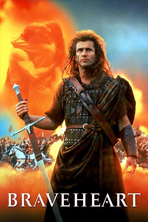 The poster features a rugged warrior with long hair and a sword, set against a dramatic backdrop of fiery orange and blue hues. A ghostly figure looms in the background, adding a sense of mystery and danger. The title "Braveheart" is prominently displayed at the bottom, evoking themes of courage ...