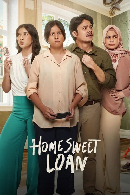 The poster features four characters in a warm, inviting setting with soft lighting. The central figure, holding a phone, stands out against the colorful backdrop of teal, pink, and beige tones. The mood is lighthearted and family-oriented, suggesting a comedic or romantic story.