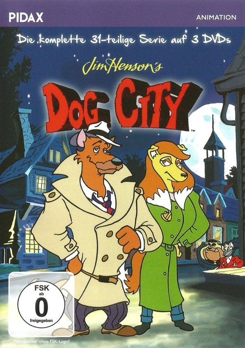 The poster features anthropomorphic dogs in a whimsical, colorful setting. The warm tones of the coat and the playful expressions convey a lighthearted, friendly mood. The background hints at a cozy, possibly haunted town, adding to the show's unique charm.