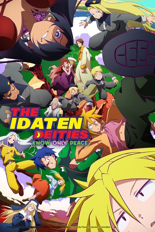 The vibrant poster features a dynamic collage of diverse characters in action poses, with bold red and green colors creating an energetic atmosphere. The title "The Idaten Deities Know Only Peace" is prominently displayed in striking yellow text, emphasizing the show's unique theme. The overall c...