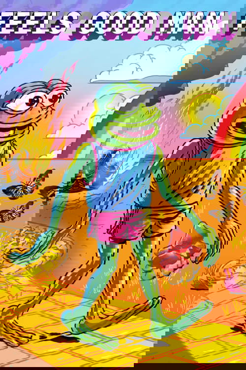 The poster features a cheerful green frog wearing a blue tank top and pink shorts, standing confidently on a golden tiled floor. The background showcases vibrant colors like fiery oranges and pinks, alongside a bright rainbow and a smiling sun. The playful composition and lively atmosphere convey...