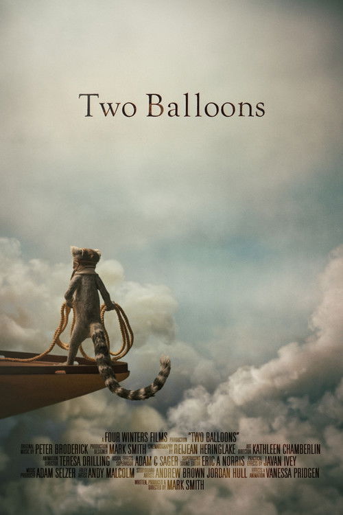 The poster features a lone astronaut floating on a small boat against a cloudy sky, evoking a sense of wonder and isolation. The muted tones of gray and blue create a dreamlike atmosphere, while the title "Two Balloons" hints at a surreal or fantastical narrative.