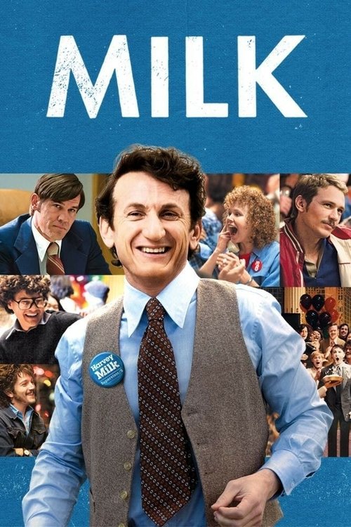 The poster features a cheerful man in a vest and tie, surrounded by a vibrant collage of diverse characters. The bold "MILK" title dominates the top, set against a blue background. The mood is lighthearted and nostalgic, capturing the essence of a classic comedy.