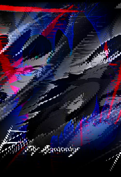 This poster features a dramatic anime-style scene with a young boy and a man in glasses, set against a dark, moody background. The colors are intense, with vibrant reds and purples creating a sense of urgency and mystery. The title "B: The Beginning" is prominently displayed, suggesting a story o...