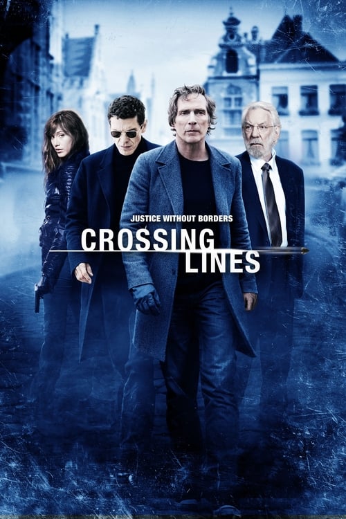 The poster features four characters standing in a moody, blue-toned setting with a gothic-style building in the background. The title "Crossing Lines" is prominently displayed in bold white letters, suggesting themes of mystery and intrigue.