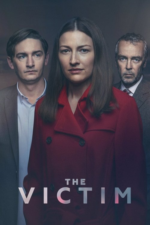 The poster features three individuals against a dark background, with the title "The Victim" prominently displayed. The woman in the center wears a striking red coat, while the men flank her. The muted tones and serious expressions convey a somber, dramatic mood.