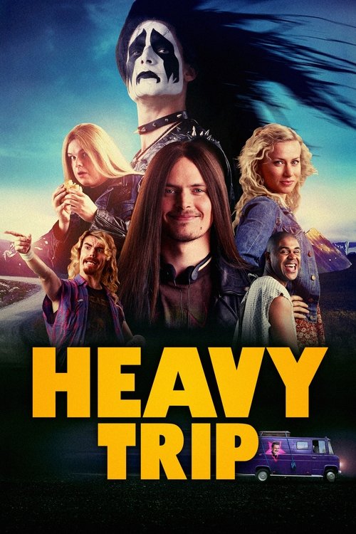 The poster features a group of people in a dramatic, moody atmosphere. The title "HEAVY TRIP" is prominently displayed in bold yellow letters against a dark background. The overall mood is intense and adventurous.