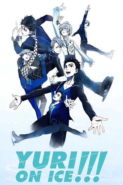 This vibrant anime poster features five characters in dynamic poses against a snowy backdrop, exuding energy and excitement. The cool blues and whites of the ice setting contrast with the warm tones of their clothing, creating a visually striking composition that captures the spirit of the show.