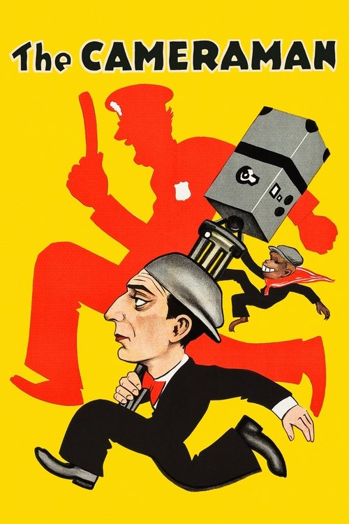 The poster features a man in a suit running with a large camera mounted on his head, set against a vibrant yellow background. Red silhouettes of people are visible behind him, adding depth and movement. The dynamic composition and bold colors convey a sense of urgency and action, capturing the es...