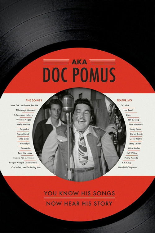 The poster features a black-and-white photo of Doc Pomus and his band, set against a vibrant red background. The text highlights the album's title and release date, evoking a nostalgic, retro feel with its bold typography and classic design.
