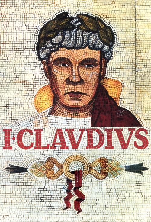 This mosaic poster features a solemn, weathered figure with a stern expression, rendered in earthy tones of brown, beige, and muted red against a textured parchment background. The title "I CLAVDIVS" is boldly displayed in red beneath the character, evoking a sense of historical gravity and drama...