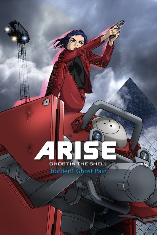 The poster features a determined woman in a red coat holding a gun, standing atop a massive red mechanical structure. Below her, a futuristic robot with a white face and mechanical arms looms. The background is dark with storm clouds and hints of futuristic architecture. The bold title "ARISE" do...