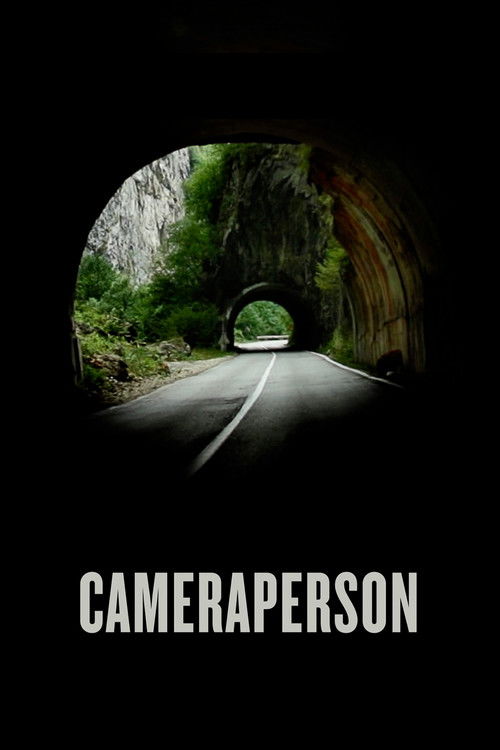 The poster features a mysterious tunnel entrance with a solitary figure peeking out, surrounded by lush greenery and rocky cliffs. The dark background contrasts with the bright natural light, creating an eerie yet inviting atmosphere. The title "Cameraperson" is prominently displayed at the botto...