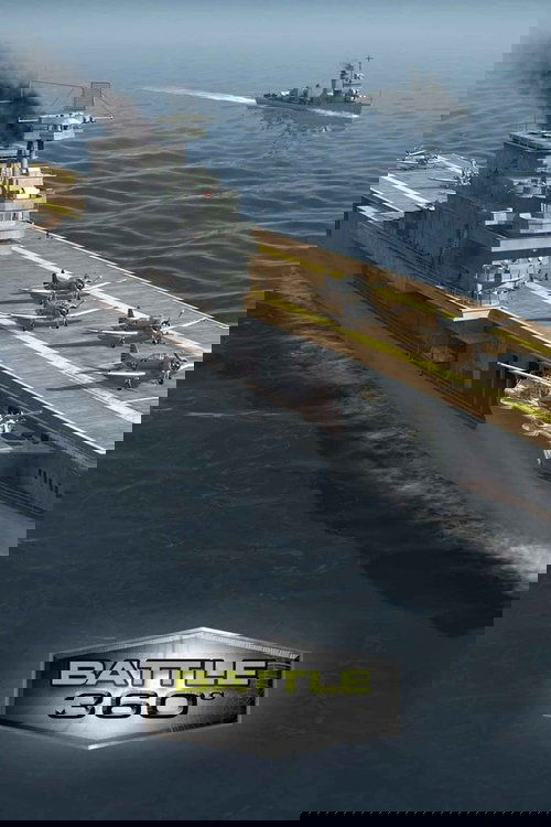 The poster showcases a dramatic naval battle scene with a large warship dominating the foreground, its dark hull cutting through choppy waters. In the distance, another vessel sails away, leaving a trail of smoke and spray. The muted tones of gray and blue convey a somber, tense atmosphere. A met...