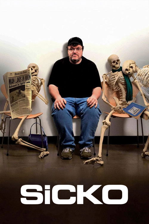 The poster features a man in a black shirt and jeans sitting between two skeletal figures, one holding a newspaper and the other a book. The stark white background and bold black text convey a mysterious, slightly eerie atmosphere.