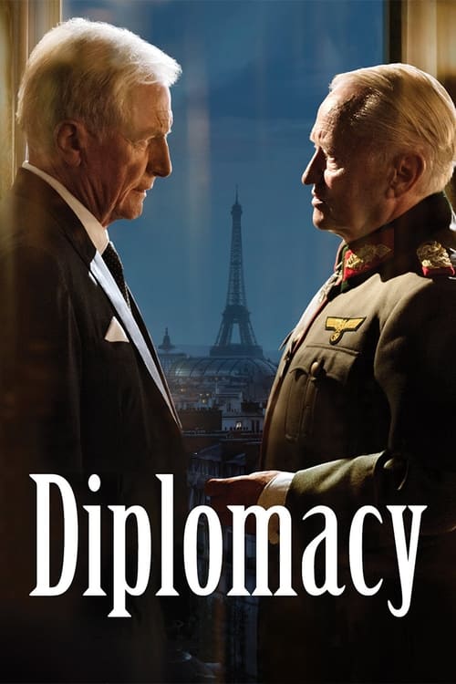 The poster features two distinguished men in formal attire, one in a dark suit and the other in a military uniform, gazing intently at each other. The muted tones of the image, with soft blues and warm browns, evoke a sense of seriousness and historical weight. The Eiffel Tower in the background ...