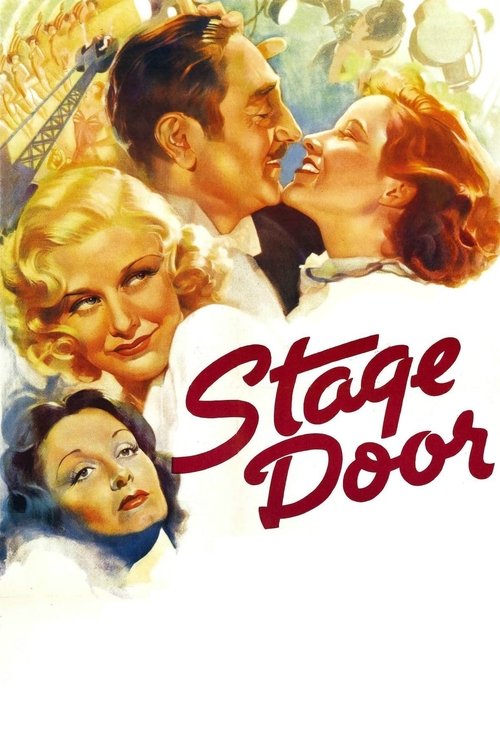 This movie poster features a romantic scene with a couple kissing, set against a warm, dreamy background. The title "Stage Door" is prominently displayed in bold, red script. The overall mood is nostalgic and evocative, capturing the essence of a classic film.