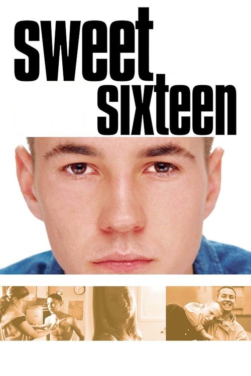 The poster features a young man's intense gaze against a stark white background, with bold black text reading "sweet sixteen" above him. Below, sepia-toned images of students in casual settings hint at a school drama. The muted tones and direct eye contact create an atmosphere of youthful rebelli...