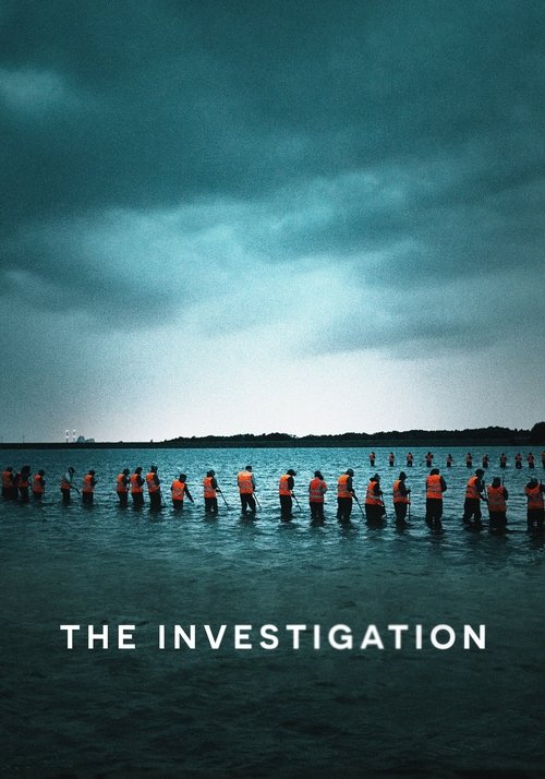 The poster features silhouetted figures standing in a line across a calm body of water under a dramatic, stormy sky. The muted blues and grays evoke a somber, mysterious atmosphere, while the white text "THE INVESTIGATION" anchors the image with a sense of intrigue and suspense.