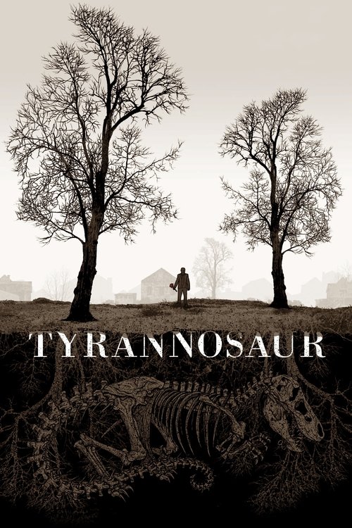 A lone figure stands in the center of a desolate landscape, surrounded by two towering Tyrannosaur skeletons. The sepia-toned image evokes a somber, eerie mood, suggesting a dark, historical mystery.
