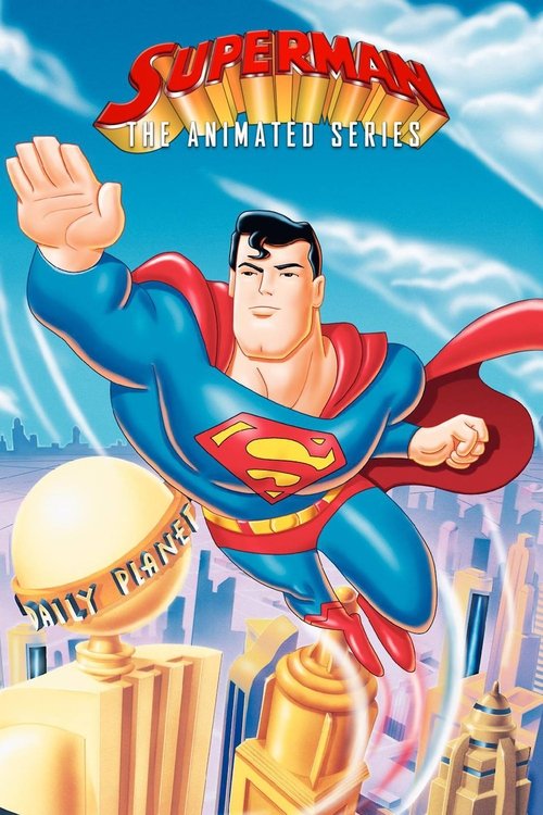 The vibrant Superman poster features a muscular hero in his iconic blue and red suit, soaring through a bright blue sky with a confident smile. The golden globe below adds a sense of wonder, while the cityscape in the background hints at an epic adventure. The dynamic composition and bold colors ...