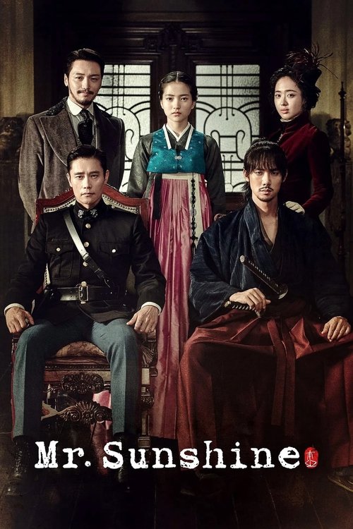 The poster features a group of six characters in formal attire, suggesting a serious drama. The warm tones of the clothing contrast with the cool, muted background, creating a dramatic atmosphere. The title "Mr. Sunshine" is prominently displayed at the bottom, hinting at a blend of humor and drama.