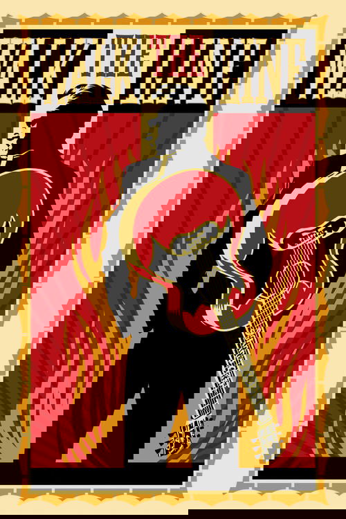 This movie poster features a silhouette of a man holding a guitar against a fiery red background, evoking a sense of adventure and passion. The bold, bold typography adds a dramatic flair, suggesting a thrilling journey through the world.