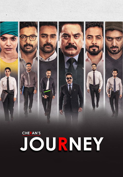 The poster features a lineup of characters in formal attire against a dark background, evoking a sense of professionalism and seriousness. The color palette is predominantly black and white, with the title "Journey" prominently displayed in bold red letters. The overall mood suggests a dramatic n...