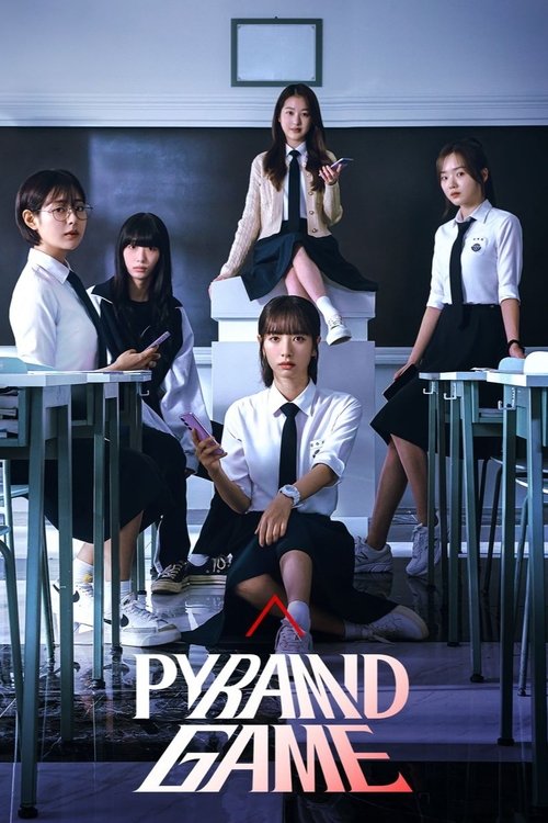 The poster features six students in school uniforms, arranged in a classroom setting with a dramatic, suspenseful atmosphere. The cool blue and white color scheme evokes a sense of mystery and intrigue, while the bold red text "Pyramid Game" anchors the image with a sense of danger and challenge.