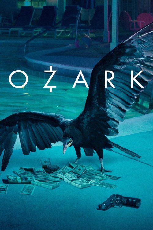 The poster features a dark, moody scene with a large raven in flight over a cluttered room filled with money and documents. The cool blue tones evoke a sense of mystery and suspense, while the title "OZARK" is prominently displayed in white.