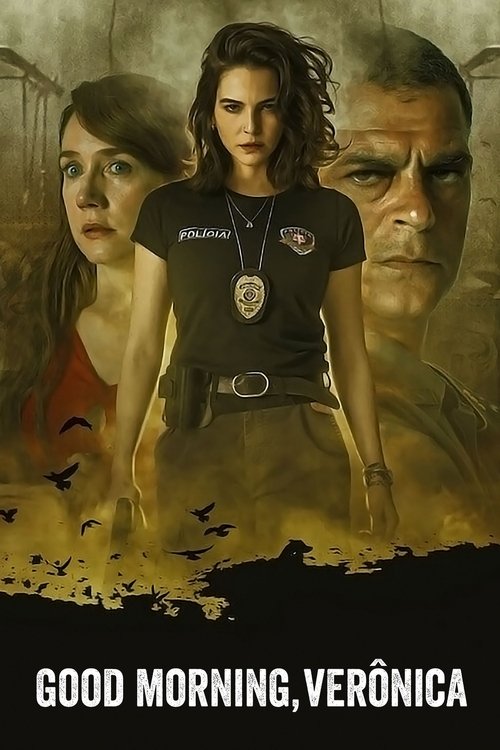 The poster features three characters against a dramatic, sepia-toned background. A central woman in a black uniform with a badge stands prominently, flanked by two others with intense expressions. The color palette is warm and moody, with earthy tones and shadows that evoke a sense of mystery and...
