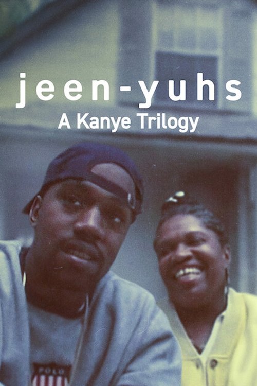 The poster features two smiling African American men against a muted, slightly desaturated background. The warm tones of their skin and clothing contrast with the cool, grayish backdrop. The text "jeen-yuhs" and "A Kanye Trilogy" are overlaid in bold white font, emphasizing the musical connection.