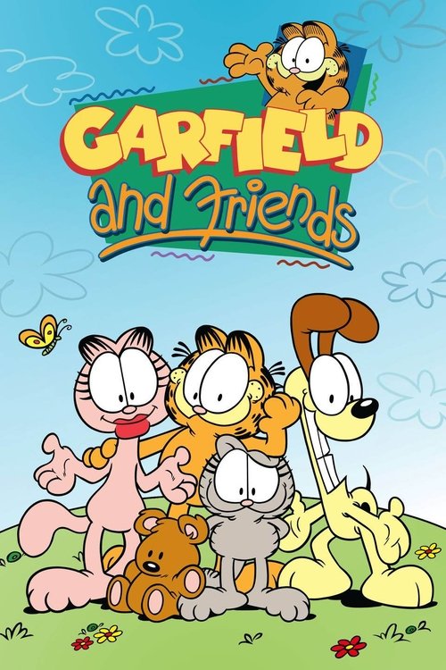 The vibrant poster features Garfield, a yellow tabby cat, and his friends—Cat, a pink cat, a brown dog, and a yellow dog—standing on a green lawn. The cheerful colors and playful expressions convey a lively, friendly mood, capturing the essence of the beloved animated series.