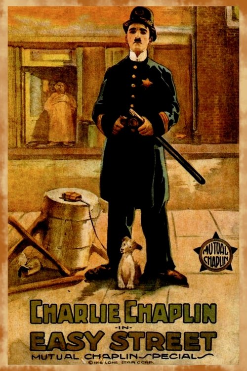 This vintage poster features a stern man in a black uniform holding a rifle, standing before a window with a portrait of a woman in the background. The warm, sepia-toned colors evoke a gritty, noir atmosphere. The text at the bottom hints at Charlie Chaplin's comedic style.