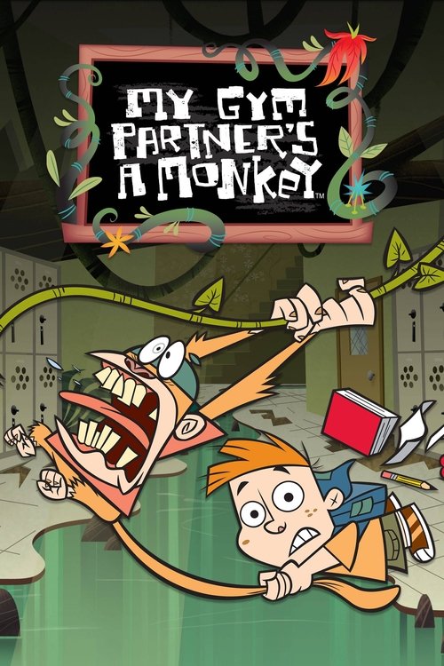 The poster features a cartoon monkey and a human character in a dynamic, playful scene. The monkey is depicted with exaggerated features, while the human appears surprised and engaged. The background includes colorful elements like a red ball and green vines, creating a lively and whimsical atmos...