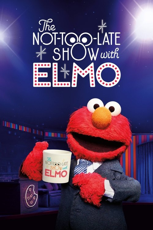 Elmo, dressed in a suit, stands confidently in front of a dark blue backdrop with sparkling lights. He holds a white cup labeled "ELMO," exuding a playful and inviting mood. The poster captures the whimsical charm of the show, blending classic Elmo personality with modern TV aesthetics.