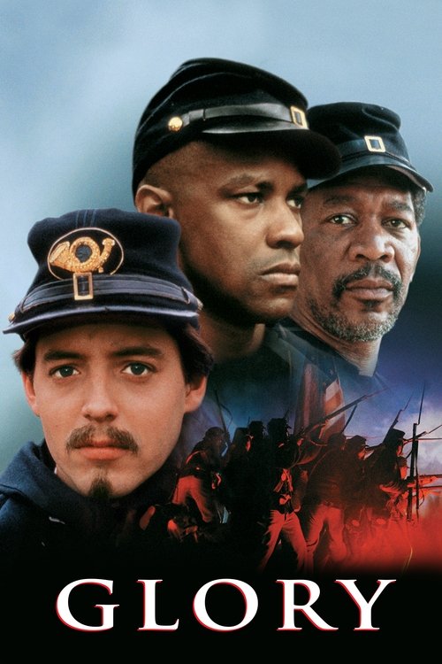 The poster features three soldiers in military uniforms against a dramatic sky, with one soldier in the foreground wearing a cap with a gold emblem. The background shows a battlefield scene, and the title "GLORY" is prominently displayed at the bottom in bold white letters. The overall mood is in...