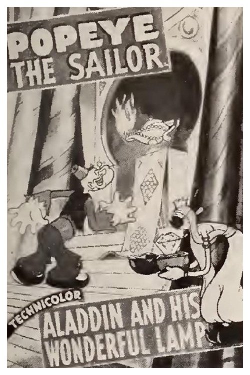 This vintage movie poster depicts Aladdin and his lamp in a dramatic scene. The dark, moody atmosphere is conveyed through deep blacks and shadows. The characters are rendered in bold, contrasting colors against the dark background. The poster suggests a classic adventure with a sense of mystery ...