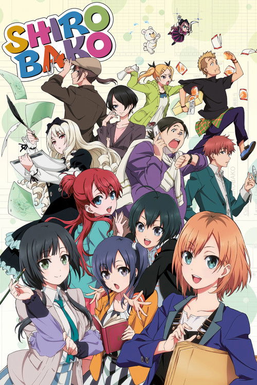 This vibrant anime poster features a lively ensemble of colorful characters in dynamic poses, exuding energy and camaraderie. The bold, playful lettering of "SHIROBAKO" anchors the composition, while the rich palette of reds, blues, and purples creates a cheerful, energetic atmosphere. The scene ...