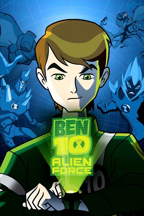 The poster features Ben Tennyson in his iconic green and black suit, with a determined expression. The background is filled with animated alien figures in blue and purple hues, suggesting an action-packed adventure. The vibrant colors and dynamic composition convey excitement and adventure, captu...