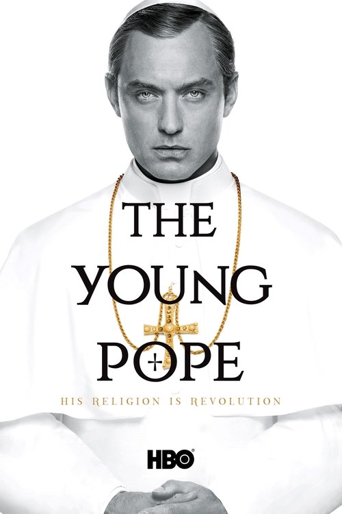 The poster features a solemn black-and-white portrait of a man in a white clerical robe, exuding authority and mystery. The title "The Young Pope" is prominently displayed in bold, elegant typography, with the HBO logo at the bottom. The muted color palette and serious expression convey a sense o...