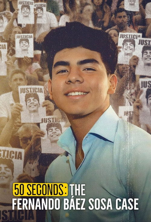 The poster features a young man with dark hair and a light blue shirt, smiling warmly against a backdrop of numerous people holding signs with the word "JUSTICE" repeated. The muted tones of the background contrast with the vibrant blue of the shirt, creating a somber yet hopeful atmosphere. The ...