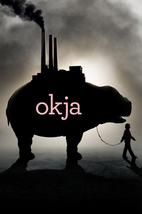 The poster features a silhouette of a pig with a factory chimney emitting smoke, set against a dramatic, cloudy sky. A lone figure walks beside the pig, holding a rope, suggesting a journey or escape. The title "okja" is prominently displayed in pink, adding a mysterious and eerie tone. The overa...