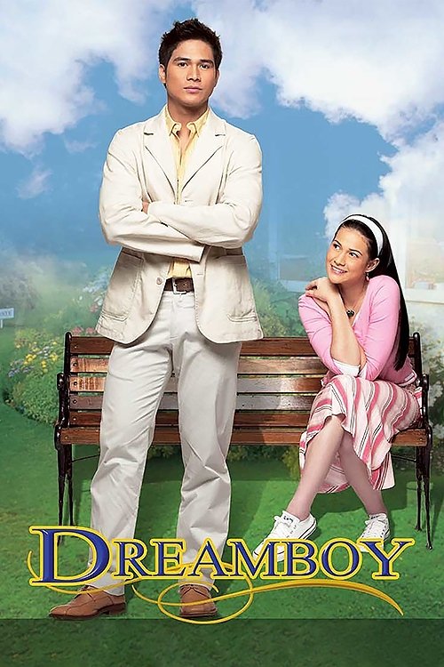 The poster features a man in a white suit and a woman in pink sitting on a bench under a bright blue sky. The man stands with arms crossed, looking confident, while the woman smiles gently, exuding charm. The vibrant colors and cheerful mood suggest a romantic comedy or fantasy adventure.
