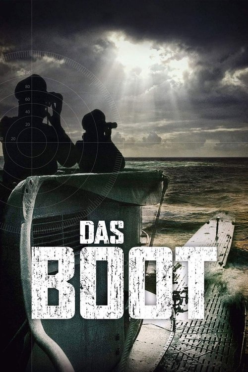 The poster features silhouettes of two figures on a ship, with bright sunlight piercing the stormy sky. The title "Das Boot" is prominently displayed in bold, distressed white letters. The overall mood is dramatic and mysterious, evoking a sense of adventure and danger.
