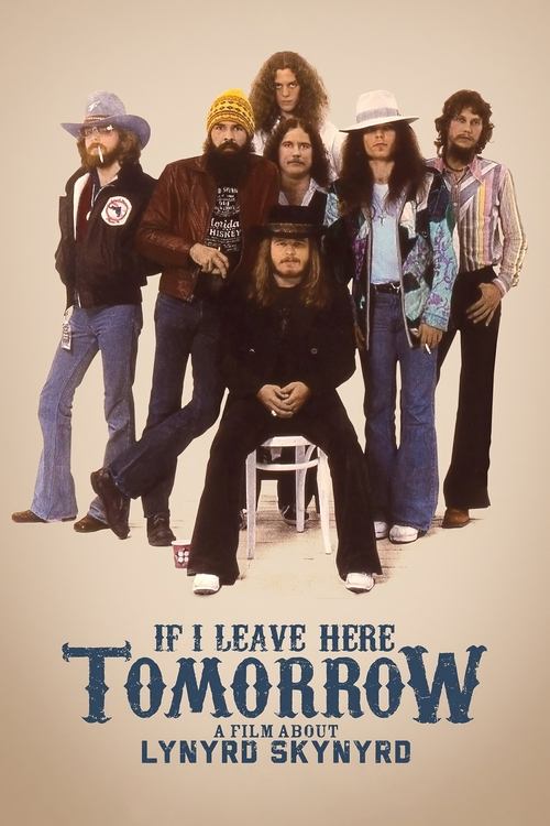 The poster features six members of Lynyrd Skynyrd posing in a casual, relaxed group setting. The warm, earthy tones of their clothing—blues, browns, and greens—create a nostalgic, Americana vibe. The mood is nostalgic and nostalgic, capturing the essence of the band's iconic sound and spirit.